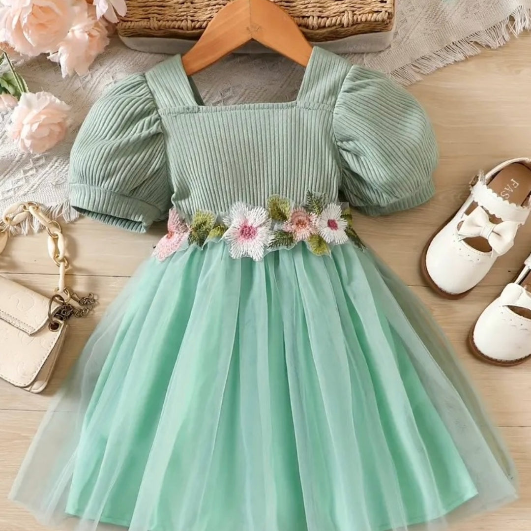 Mint Floral Puff Sleeve Tulle Dress – Baby Girl Elegant Party Outfit