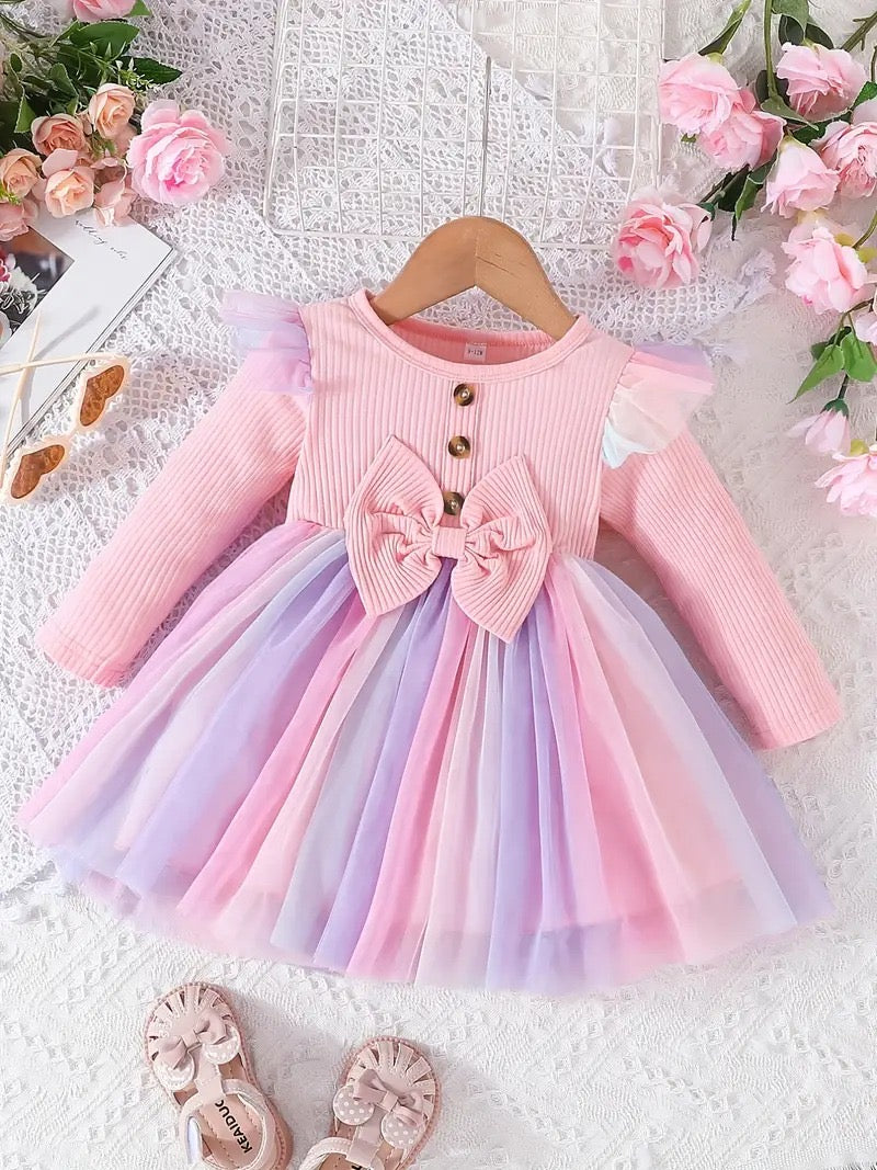 Pink Pastel Princess Tulle Dress with Bow – Baby Girl Long Sleeve Outfit
