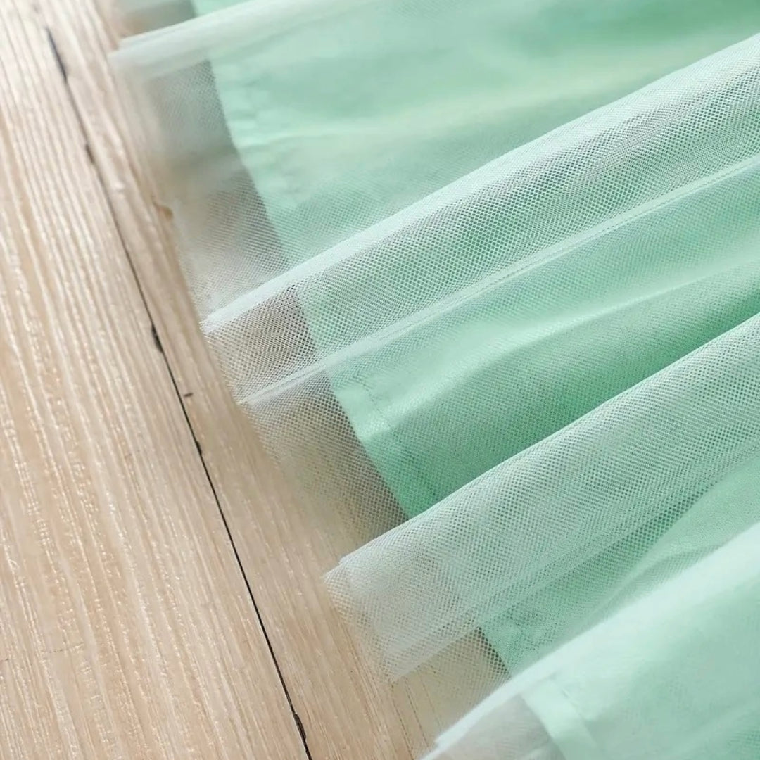 Mint Floral Puff Sleeve Tulle Dress – Baby Girl Elegant Party Outfit