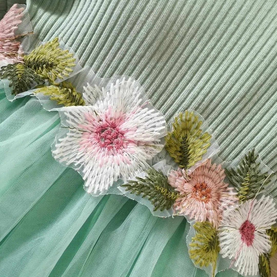 Mint Floral Puff Sleeve Tulle Dress – Baby Girl Elegant Party Outfit