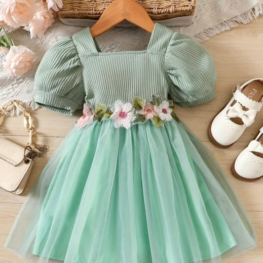 Mint Floral Puff Sleeve Tulle Dress – Baby Girl Elegant Party Outfit